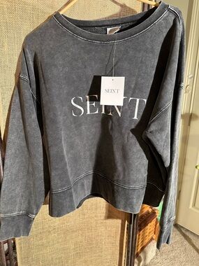 SEINT Washed Black Logo Crewneck Sweatshirt